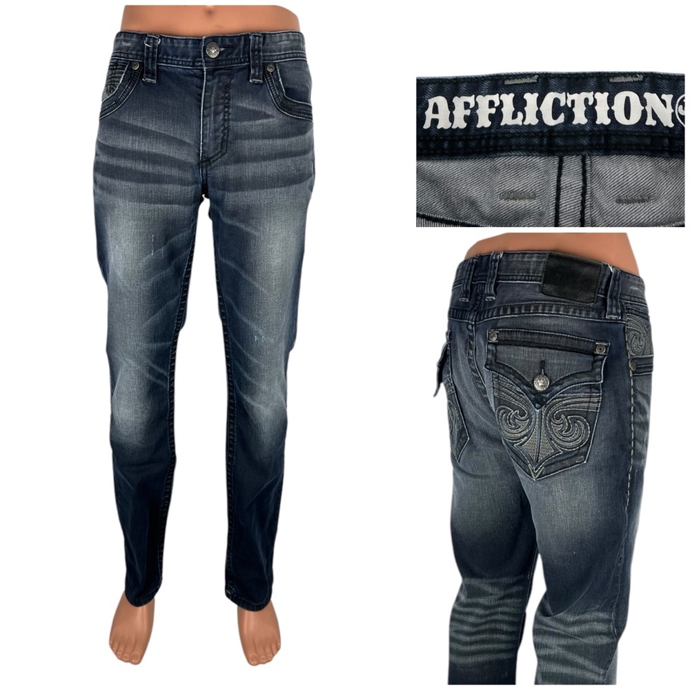 Affliction Mens 34 X 33 Jeans Black Premium Distressed Blue Cotton Blend EUC